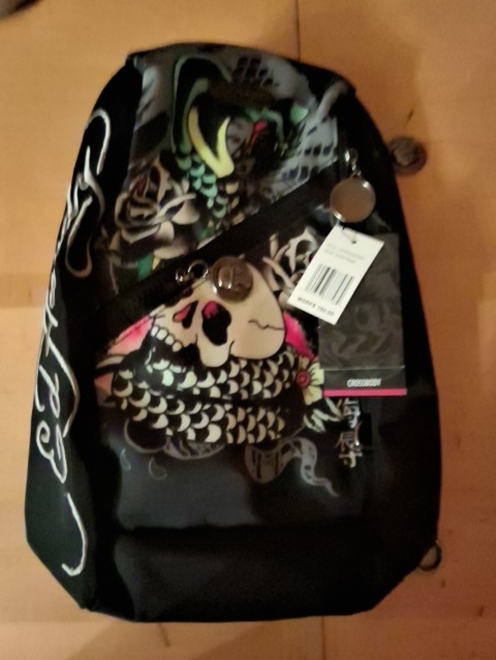 Ed Hardy Black Backpack with Pink & Green Skull Koi Graphic